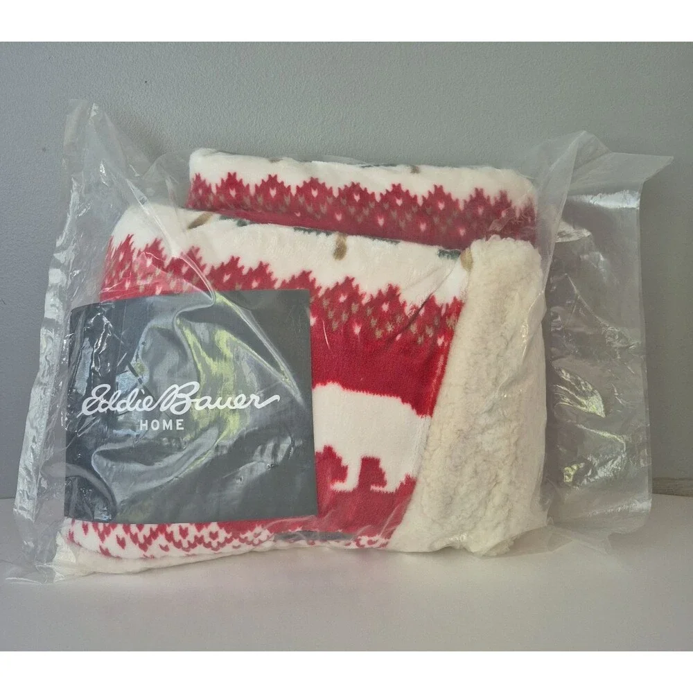 Eddie Bauer Grizzly Peak Fair Isle Trees Bears Sherpa Throw Blanket 50 x 60 IN